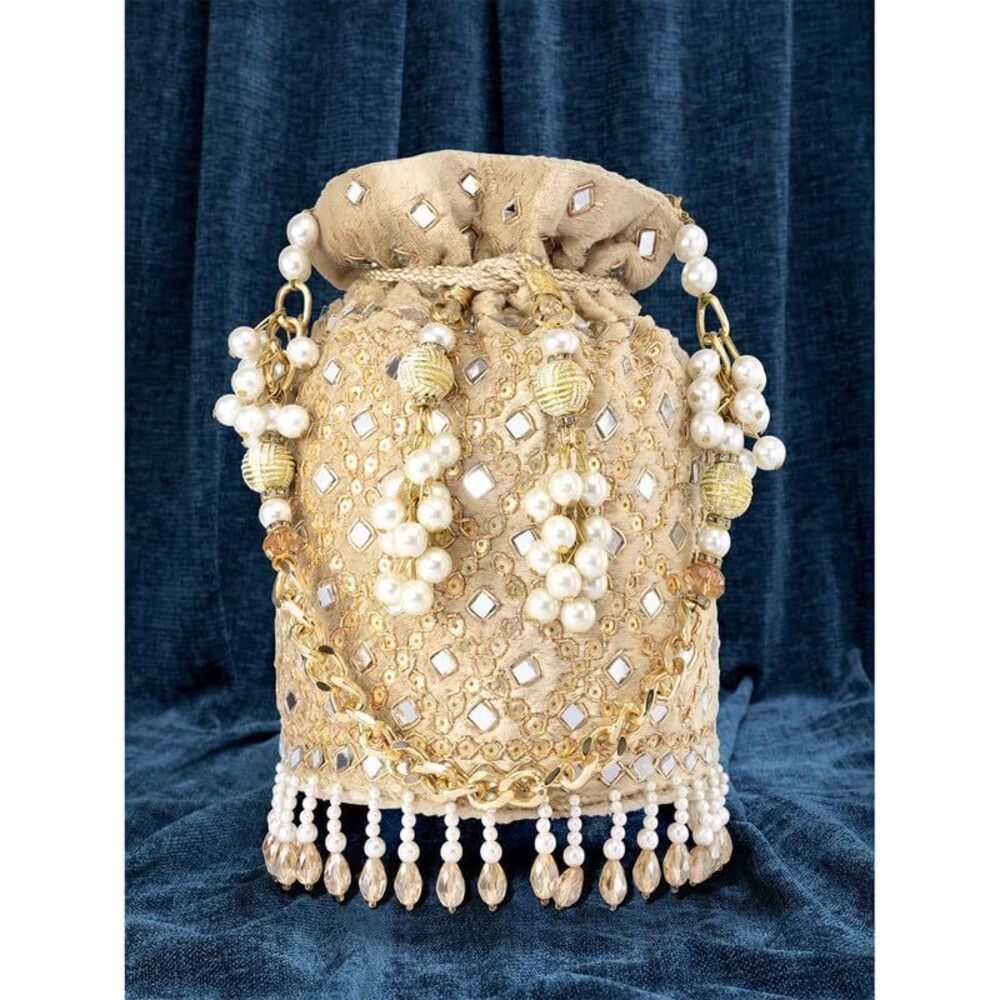 7702 Cream Potli Purses Gift Handmade Evening Handbag Stylish Bridal - Picture 6 of 9